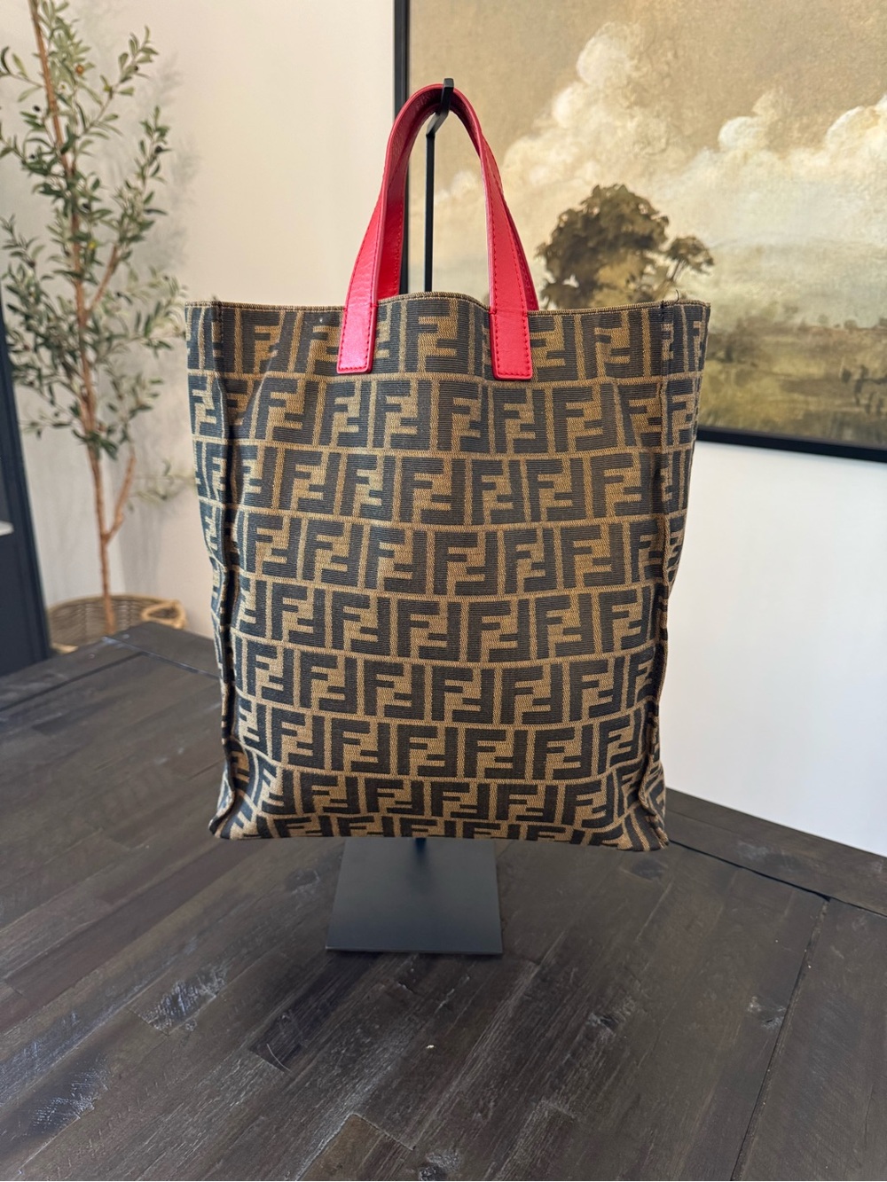 Fendi Brown Zucca Canvas Tote with Red Handles - Picture 6 of 10